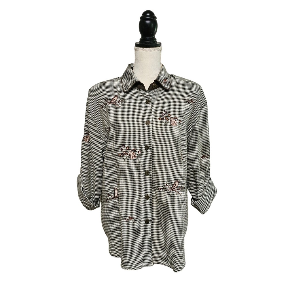 Vintage 80s Tag Brown Gingham Bird Rabbit‎ Embroidered Button Front Shirt Size M